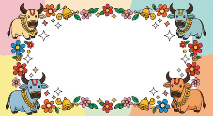 Fototapeta premium Cute cartoon ox frame with flowers and bells border.