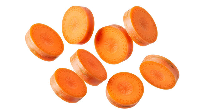 Sliced orange carrot rounds falling in the air background removal on a transparent background