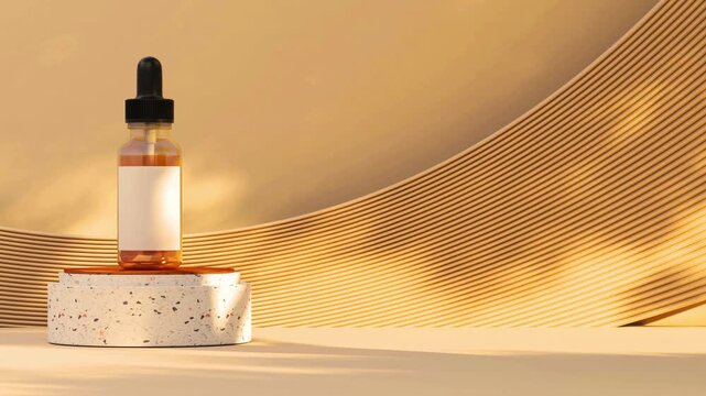 Amber serum bottle on speckled pedestal with wavy background Keywords: serum bottle, dropper