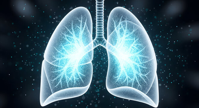 Healthy human lungs glowing with vibrant blue internal structures clearly illustrate the complex respiratory system against a dark background filled with numerous sparkling airborne particles.