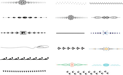 Fototapeta premium collection of black and white vector illustrations featuring various decorative line dividers and borders. These elements are typically used in graphic design for page separation, ornamentation