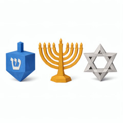 Symbols of Faith: This image shows a dreidel, menorah, and Star of David, symbols of faith and Jewish culture, set against a pristine backdrop.