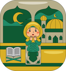 Girl Praying at Mosque Vector Illustration