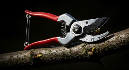 Pruning Shears Cutting Branch on Log.