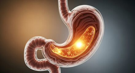 Anatomical 3D rendering of a translucent human stomach displaying severe internal inflammation or gastric acid irritation highlighted by bright glowing particles and intense hot spots, symbolizing