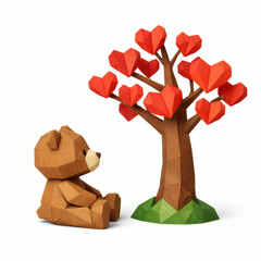 Paper-Craft Bear Beside Love Tree: A charming paper-crafted teddy bear gazes at a tree adorned with red heart-shaped leaves, embodying a sweet sentiment of affection and care.