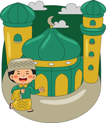 Boy Walking in Front of Mosque