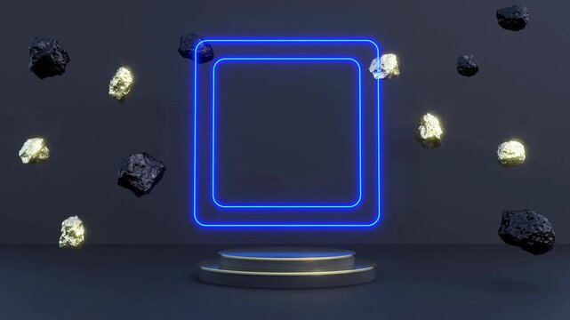 Dark Futuristic Podium with Neon Square and Floating Rocks