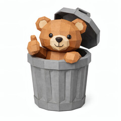 Teddy Bear in Bin: a heartwarming paper bear sits in a trash can, giving a thumbs-up, symbolizes the idea of 'going green', promote environmental awareness. 