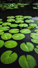Pond surface covered in many green lily pads on dark water; flora contrast