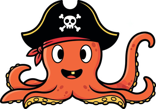 Cute cartoon octopus pirate with treasure map and skull bandana
