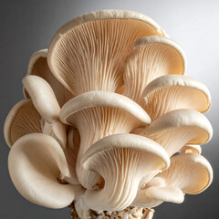 Pale oyster mushrooms clustered closely, gills prominently displayed