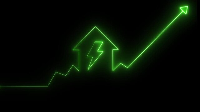 Green neon house and lightning bolt animation with upward trend graph. Rising energy cost. Power consumption. Home electricity. 4K utility increase loop.