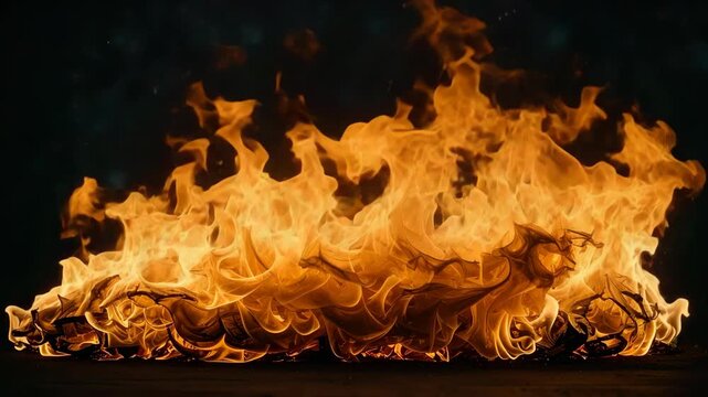 Bright orange flames of a destructive bonfire consuming flammable material against a dark background