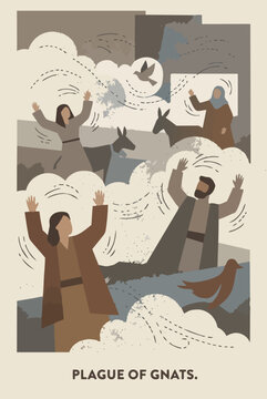Plague of Gnats
Flat vector illustration &mdash; Clouds of tiny gnats fill the air around people and animals. people swat at the air in frustration. Bible story