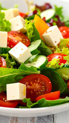 Fresh salad close-up greens, tomato, cheese cubes, cucumber, pepper, light dressing in a white bowl