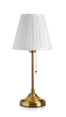 Elegant gold-toned lamp with pleated white lampshade, central pull chain, on a seamless white background