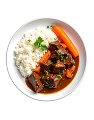 Beef stew and rice served on a white plate with carrot and parsley garnish, isolated on white