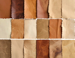 Assorted leather & paper swatches, varying textures and tones