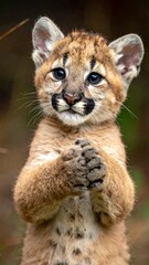 A close-up portrait of a young bobcat standing on its hind legs