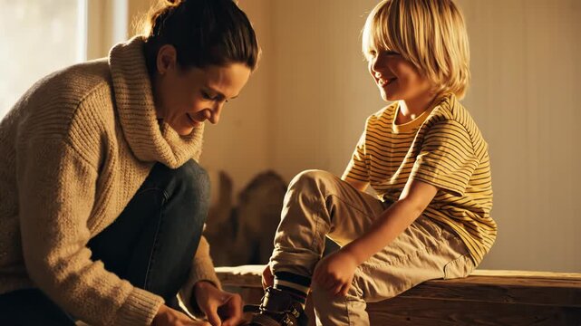 Woman helping a young boy tie his shoelaces on a wooden bench indoors