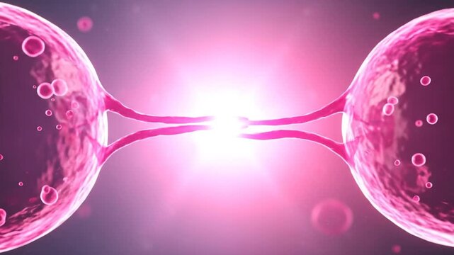 Two glowing, spherical entities connected by a bright pink bridge against a dark background with air bubbles