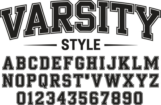 Black varsity style alphabet and numbers on white background