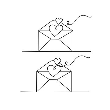 Continuous line drawing of an open love letter envelope with two hearts