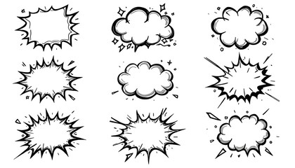 A set of black and white comic book style speech bubbles on transparent background