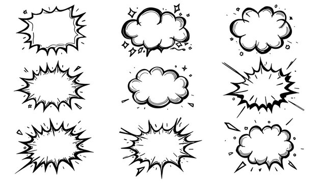 A set of black and white comic book style speech bubbles on transparent background