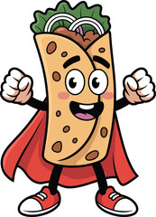 Cartoon burrito superhero with red cape and red shoes