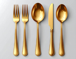 Golden cutlery set two forks, two spoons, and a knife lined on a white backdrop