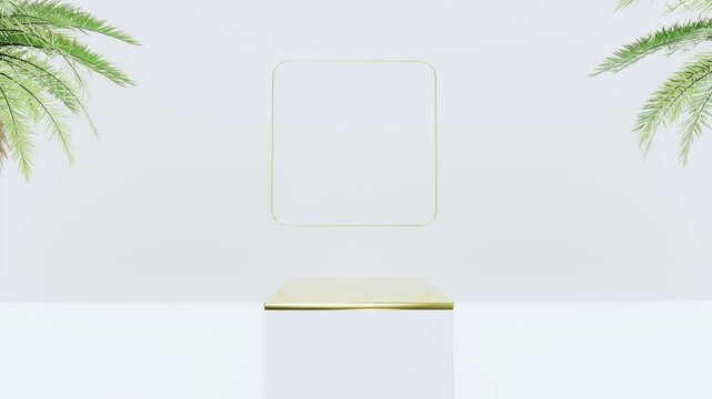 Golden podium and frame with palm leaves on white background