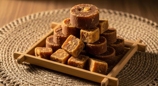 Pile of Raw Cane Sugar Blocks and Rounds on Wooden Tray