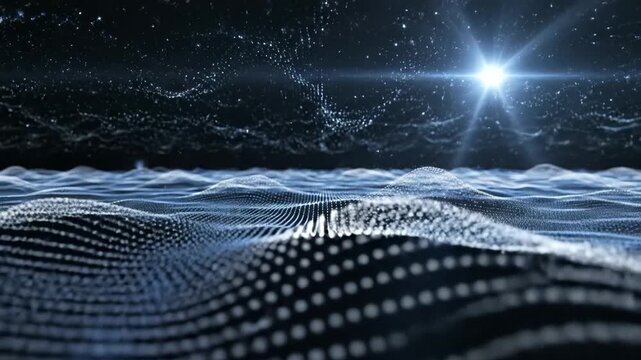 An abstract digital wave pattern with a glowing light source in a dark space