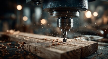Close-up view of a CNC milling machine cutting metal, shavings flying off the workpiece