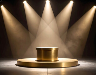 Golden podium stage. Spotlight beams converge on a cylindrical riser against a dark, smoky background