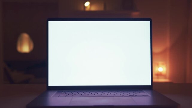 Laptop with blank white screen in dimly lit room computer