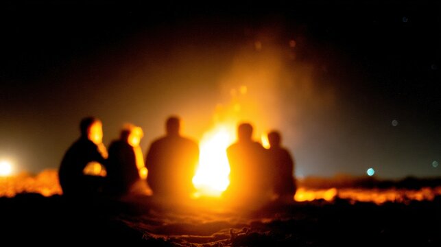 People sit together around a bright bonfire on the beach at night