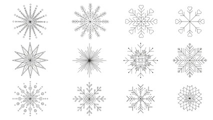 Fototapeta premium Collection of twelve unique snowflake designs in black and white line art for winter and christmas themed graphic patterns.