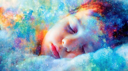 Fototapeta premium Child sleeps peacefully with colorful dreams in a galaxy background at night