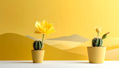 Two potted cacti with yellow paper flowers against a layered, desert-hued backdrop