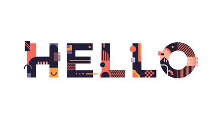 Creative typography of the word hello using various colorful geometric patterns and abstract shapes in modern style.