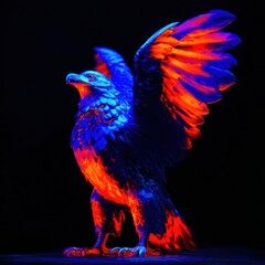 Fototapeta premium Illuminated eagle sculpture in blues, oranges, and reds against a black backdrop