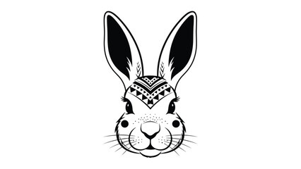 Fototapeta premium Intricate line art of a rabbit's face with tribal geometric patterns on the forehead and detailed fur textures.