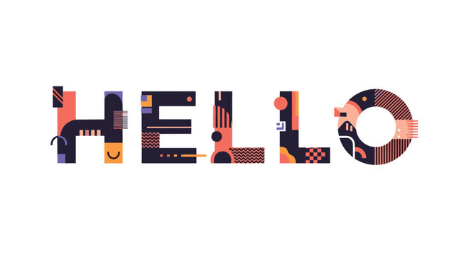 Creative typography of the word hello using various colorful geometric patterns and abstract shapes in modern style.