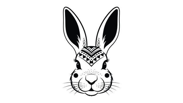 Intricate line art of a rabbit's face with tribal geometric patterns on the forehead and detailed fur textures.