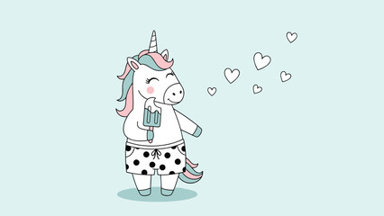 Cute unicorn character wearing polka dot shorts and eating an ice cream bar surrounded by floating heart shapes.