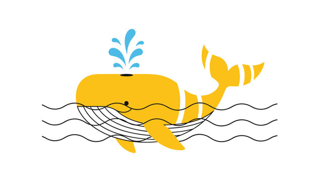 Yellow whale illustration with a blue water spout swimming through stylized ocean waves in a modern style.