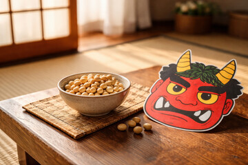 Setsubun Festival Still Life, Bowl of Roasted Soybeans and Red Oni Demon Mask